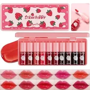 10 Pcs Lip Glossy Lip Stains Matte Lipsticks Set (Strawberry, Lip Gloss) - Pack Of 10 Set Cute Glossy Lipstain Matte Lipsticks Waterproof And Long-Lasting Quick-Drying Lipgloss Smooth