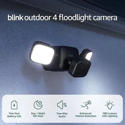 Blink Outdoor 4 Floodlight Camera — Wireless Smart Security Camera, 700 Lumens, Two-Year Battery Life, Enhanced Motion Detection, Sync Module Core Included — 1 Camera System
