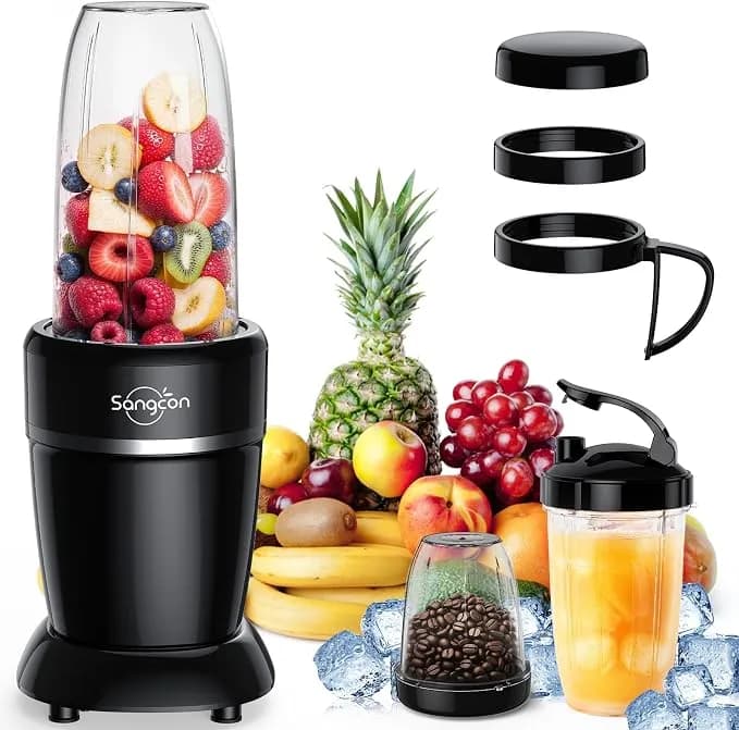 Sangcon 1000w Personal Smoothie Blender, Protein Shakes, Home & Gym, Black - 37/32/22 Oz Bpa-Free To-Go Cups With 6-Leaf Blade, Frozen Fruit, Ice Crushing, Baby Food, Sauces, Dips, Coffee, Nuts, Spices