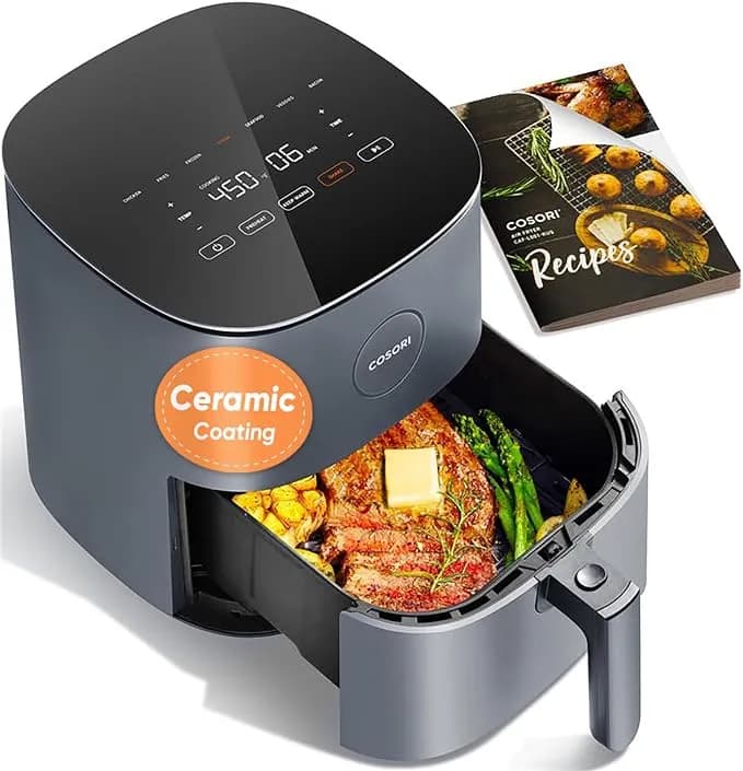Cosori Air Fryer Pro Le 5 Qt, 9-In-1, Ceramic Coating, Shake Reminder, Grey - 7 Presets With Reheat, Keep Warm, Max 450°F, 85% Less Oil, Touch Control, Led Glass Panel, 130+ Chef-Inspired Recipes, 1500w