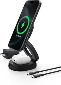 Belkin qi2 15w Wireless Fast Charging Station, 2 In 1 Iphone Charger - Fast Charging, Magsafe Compatible, Iphone 17/16/15, Airpods, Travel Charger, Magnetic