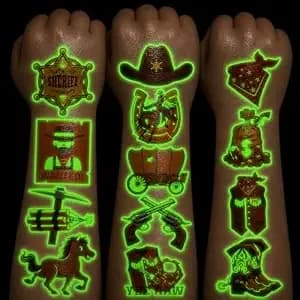 96 Pcs Western Cowboy Temporary Tattoos For Kids - Luminous - Glow In The Dark Fake Tattoo Stickers, 8 Sheets - Birthday Party Favors & Supplies For Boys And Girls