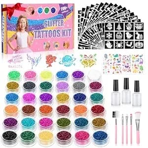 Temporary Glitter Tattoo Kit For Kids, 220 Stencils - 70+ Kids Stickers - 36 Colors Glitter - 3 Glue - 5 Brushes - Glitter Tattoos For Parties & Make Up,Gift For Girls Birthday Halloween Christmas