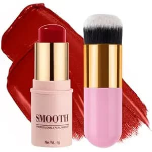 Hot Red Monochromatic Cream Blush Stick For Cheek, Eyeshadow, Lip, 0.28oz - Longwear Waterproof Matte Finish Blush Makeup Stick With Brush For Women