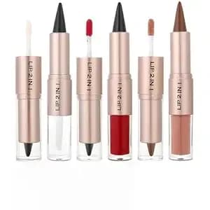 3 Pcs Lip Liner And Gloss Set, 2 In 1 Ombre Lipstick Kit, #1 2 6 - Dual-Ended Lipstick Combo, Red Nude Matte Lip Liner And Gloss, Caramel Brown Ombre Look, Defined Fuller Looking, Non-Sticky