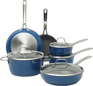 Sur La Table Kitchen Essentials Cool Commune Hard Anodized 10 Piece Pfa Free Ceramic Non Stick Interior Forged Durable Aluminum Pots And Pans Cookware Set - Blue - Induction Compatible