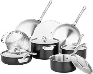 Viking 3-Ply Pots And Pans Set, 12 Piece Stainless Steel Kitchen Cookware Set With Lids, Dishwasher Safe, Induction Ready, Cast Black