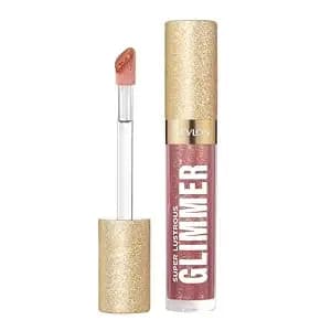 Revlon Super Lustrous Glimmer Gloss, Non-Sticky Hydrating Lip Gloss, High-Shine Sheer Shimmery Finish, Plant-Based Glitter, 005 Glazed Almond, 0.13 Fl Oz