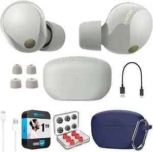 Sony Wf-1000xm5 Industry Leading Noise Canceling Truly Wireless Earbuds (Silver) Bundle With Silicone Case (Blue), Memory Foam Ear Tips, Usb-A To Usb-C Cable & 1 Yr Cps Enhanced Protection Pack