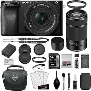 Sony Alpha a6100 Mirrorless Digital Camera With 16-50mm F/3.5-5.6 Oss Ii And 55-210mm Lenses Bundle With 64gb Card + 2 Uv Filters + Card Reader + Card Case + Cleaning Kit + Bag + Cloth (9 Items)