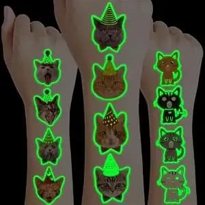 96 Pcs Glow In The Dark Cat Temporary Tattoos For Kids - Super Cute Pet - Fake Luminous Tattoo Stickers For Boys & Girls, Themed Birthday Party Favors, Rewards & Decorations
