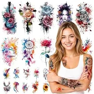 Xmasir 64 Animals Temporary Tattoos For Women Men, Watercolor 3d Wolf Flower Butterfly Fake Tattoos Set, Realistic Large Arm Body Sticker Waterproof Long Lasting For Adults Weddings Parties