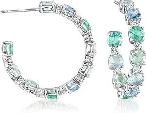 Ross-Simons Rhodium-Plated Hoop Earrings With Simulated Tonal Blue Gemstones And 4.20 Ct. T.W. Czs
