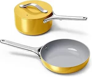 Caraway Mini Cookware Set - Non-Stick Ceramic Fry Pan (1.05 Qt, 8") & Sauce Pan (1.75 Qt) - Non Toxic, Ptfe & Pfoa Free - Oven Safe & Stovetop Agnostic (Gas, Electric & Induction) - Marigold