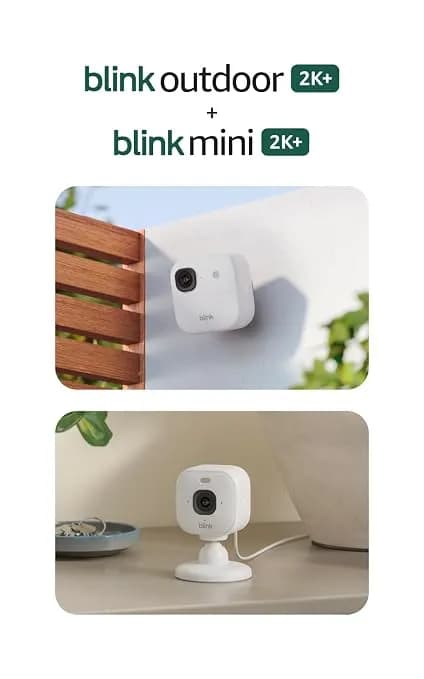 Blink Outdoor 2k+ And Mini 2k+ (Newest Model) — Wireless And Plug-In 2k Resolution Smart Security Cameras, Sync Module Core Included — 2 Cameras (White)