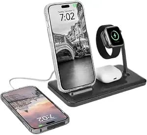 Fuel 4in1 Fast Wireless Charging Station For Multiple Devices -Portable Iphone Charger W/ Adapter -3 Charging Pads 1 Usb-C Port For Iphone 17 Pro Max/16/15 Apple Watch 11/10(Charger Included) Airpods