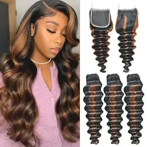 Colored Bundles With Closure Human Hair 1b30 Highlight 18 20 22+18 In - Pre-Colored Loose Deep Wave Human Hair 4×4 Lace Closure And 3 Bundles Hair Extensions For Black Women Sew/Glue In