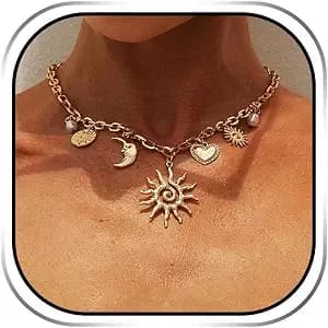 Jakawin Vintage Sun Pendant Necklace Gold Moon Choker Necklaces For Women