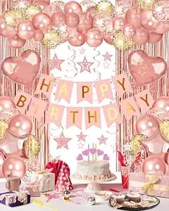 Happy Birthday Party Decorations With Banner Balloons For Women - Happy Birthday Banner, Birthday Decor For Girls Women, Curtain Backdrop, Foil Heart Star Confetti Balloons, Hanging Swirls