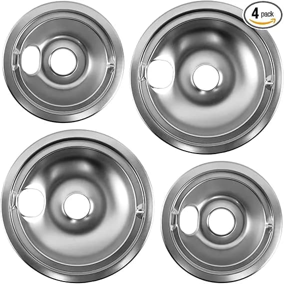 wb31t10010 wb31t10011 Chrome Drip Pans Set (4 Pack) 2x6" & 2x8" - Replacement For Ge, Hotpoint, Kenmore Electric Stoves With Locking Slot - Chrome Plated Steel Burner Bowls