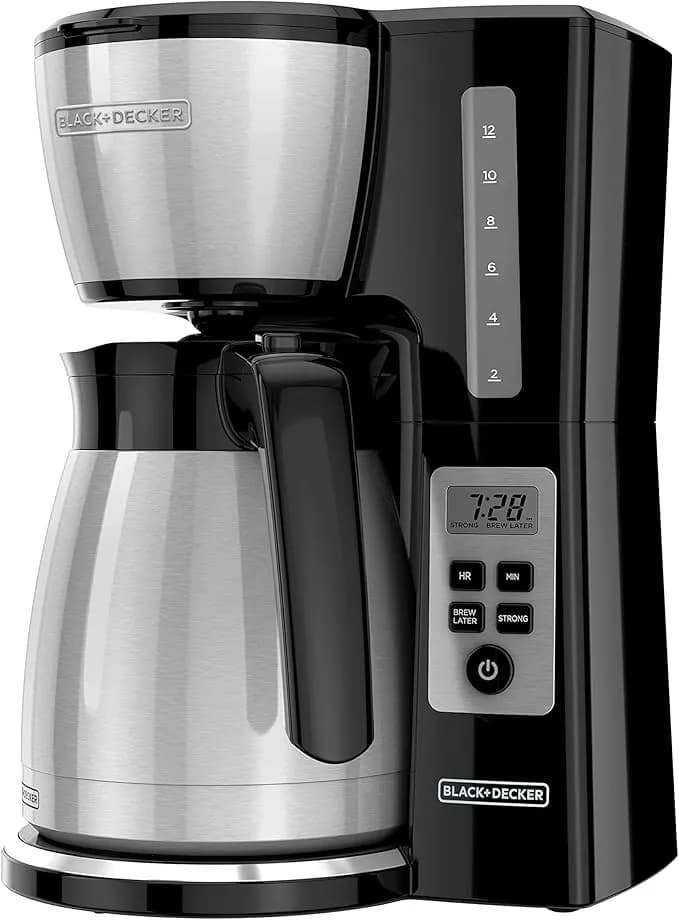 Black+Decker 12 Cup Thermal Programmable Coffee Maker With Brew Strength And Vortex Technology, Black/Steel, cm2046s