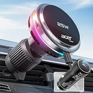 Acer Gadget 25w For Magsafe Car Mount Charger, Wireless Car Charger With Cooling Fan & Backlight, Vent Phone Mount With 45w Car Adapter, 360° Rotation Magnetic Phone Holder For Iphone 17/16/15/14/13