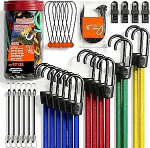 Horusdy 31-Piece Premium Bungee Cords Assortment Jar, Includes 10”,18”,24”,32”,40” Bungee Cords, 6“ Zip Ties, 8”Canopy/Tarp Ball Ties And Crocodile Mouth Tarp Clips