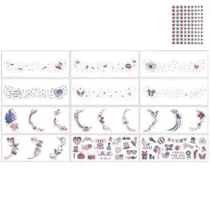 Independence Day Temporary Tattoos Red White Blue Stars Stripes Face Tattoos Patriotic Usa Flag Freckle Stickers Waterproof 4th Of July Party Decorations With Gem For All Ages 12sheets