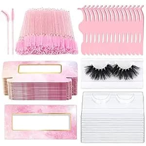 175 Pieces Lash Packaging Wholesale, Include 30 Empty Eyelashes Packaging Box, 30 False Lash Trays, 15 Eyelash Tweezers And 100 Eyelash Brush Mascara Wands Disposable (Pink)