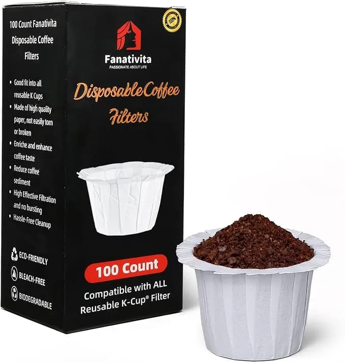Fanativita 100ct Disposable Coffee Filters For Reusable K Cups, White - Fits Most Reusable K-Cups, Chlorine-Free, Compostable Paper, Easy Cleanup, Sediment-Free, Smooth Taste
