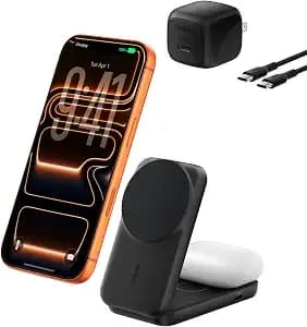 Belkin qi2.2 25w Wireless 2 In 1 Foldable Fast Charging Station For Iphone - Fast Charging, Magsafe Compatible, Iphone 17/16/15, Airpods, Travel Charger, Magnetic
