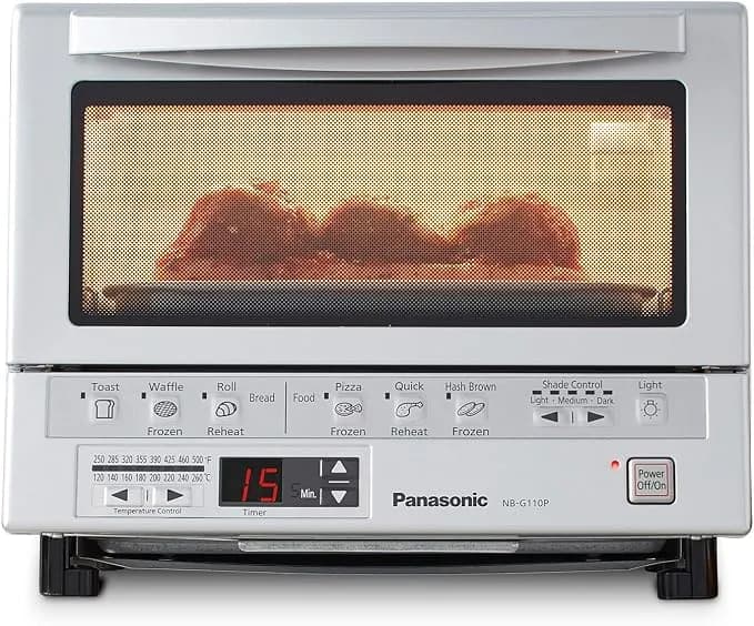 Panasonic Flashxpress Toaster Oven Countertop, 4-Slice Small Toaster Oven Compact Size With Double Infrared Heating, 6 Auto Cook Options And Precise Temperature Control, 1300w - Nb-g110p (Silver)