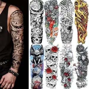 Aresvns 8 Sheets Full Arm Temporary Tattoo Sleeves For Men Women Adult - Realistic Scary Skull Skeleton Fake Tattoos, Long-Lasting, Waterproof, Sweatproof, Ideal For Parties, Cosplay, Halloween