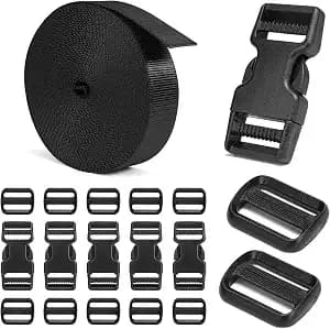 Beyourd Buckles And Straps Set 1": 6 Yards Of Thick Nylon Webbing, 6-Pack Heavy Duty Adjustable Quick Side Release Plastic Buckles, 12 Tri-Glide Slide Clips, Black (1-Inch Combo Set)