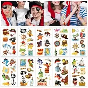 Konsait 10 Sheets Pirate Temporary Tattoos, Skull Treasure Map Shark Parrot Fake Tattoo Stickers, Pirate Party Favors Halloween Costume Cosplay Photo Booth Decorations