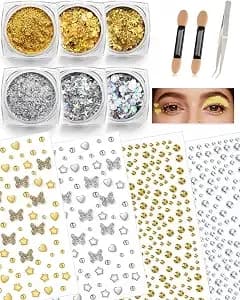 6+4 Gold Silver Face Gems Body Glitter Set: Sparkly Face Hair Glitter Gel & Self Adhesive Butterfly Heart Stars Stickers For Women Disco 50th Birthday Easter Party Makeup Accessories (Gold,Silver)