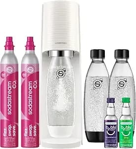 Sodastream Terra Sparkling Water Maker, Value Bundle, Cqc co2 System, Includes 2 Quick Connect 60l co2 Cylinders, 3 Dishwasher Safe Bpa Free Bottles, 2 Bubly Drops, Make Your Own Pepsi, White