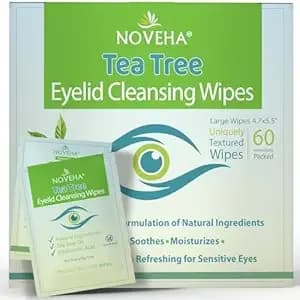 Noveha 60pcs Tea Tree Oil Eyelid & Lash Wipes - With Hyaluronic Acid, Green Tea & Chamomile For Blepharitis, Itchy & Stye Eyes, Individually Wrapped, Natural Eyelash Makeup Remover & Daily Cleanser