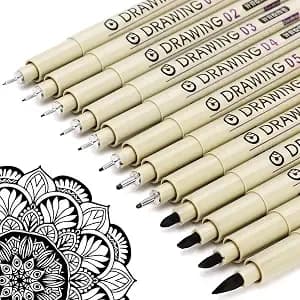 Muchcute Micro Fineliner Drawing Art Pens: 12 Black Artist Supplies Adults - Waterproof Archival Ink Set Fine Line Markers Liner,Sketch Outline Anime Gifts Manga Sketching Watercolor Zentangle Kit Stuff