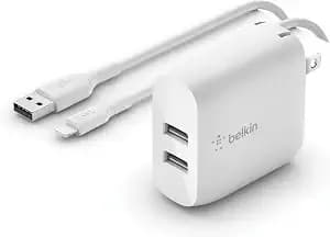 Belkin 24w Dual Port Usb Wall Charger - Lightning Cable Included - Iphone Charger Fast Charging - Usb Charger Block For Power Bank, Iphone 14, Iphone 13, Iphone 12, Iphone 11, Ipad Pro, Samsung & More