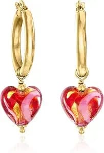 Ross-Simons Italian Pink And Red Murano Glass Heart Hoop Drop Earrings In 18kt Gold Over Sterling