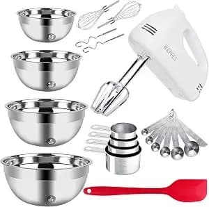 Wepsen 5-Speed Electric Hand Mixer, 4 Large Mixing Bowls Set, Handheld Mixers With Whisks Beater, Stainless Steel Metal Nesting Bowl Measuring Cups Spoons Kitchen Cake Blender For Baking Supplies