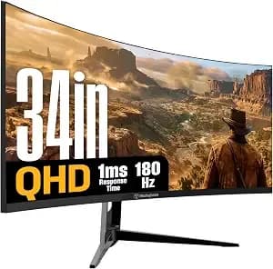 Westinghouse 34 Inch Curved Gaming Monitor, 2k Ultra-Wqhd(3440x1440p), Amd Freesync Premium, 3000:1 Contrast Ratio, 122% Srgb, 180hz, 1ms, 1500r, Eyecare, Built-In Speakers, displayportx2, hdmix2