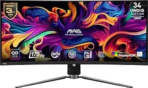 Msi Mag 341cqp Qd-Oled, 34 Curved Oled Gaming Monitor, 3440 X 1440 (Uwqhd), 0.03ms Response Time, 175hz, Adaptive Sync, True Black Hdr 400, Hdmi, Dp Port, Usb Type C, Tilt, Height, Black