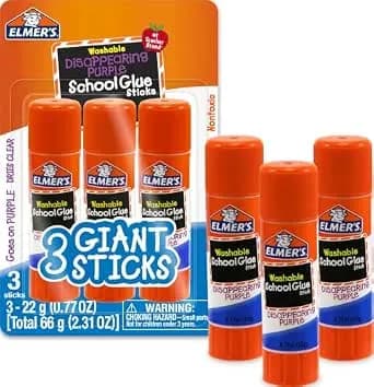 Elmer'S Disappearing Purple School Glue Sticks, Washable, 22 Grams, 3 Count - Poster, Vision Board, Back To School Supplies, #1 Teacher Brand