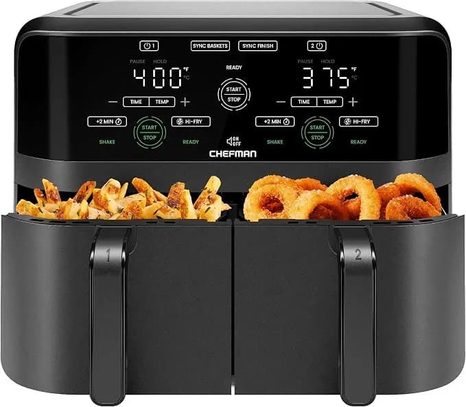 Chefman 6 Quart Dual Basket Air Fryer - Digital Touchscreen, Smart Sync Finish, Hi-Fry, Auto Shutoff, 2 Independent 3qt Nonstick Dishwasher-Safe Frying Baskets - Digital Double Air Fryer - Black