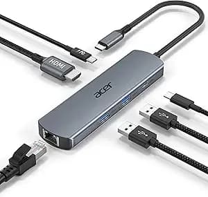 Acer 6 In 1 Usbc Hub With Ethernet, 4k@60hz Usbc To Hdmi Multiport Adapter - 2*Usb-A 3.0 & 1*Usb-C 3.0 Data Ports, 100w Pd Port, Usb C Dongle For Macbook Neo/Pro m5/Air, Acer, Ipad, Iphone 17/16/15