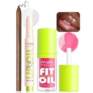 Brown Lip Liner Pink Lip Oil Gloss Clear Shimmer Click Lip Balm Kit - Hydrating Lipstick Tinted Lip Oil For Women Makeup, Lightweight Non Sticky Liquid Lipstick Lip Liner Pencil 3 Step Combo Set