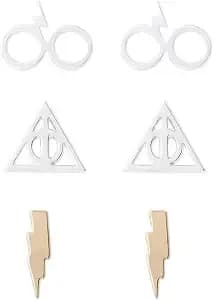 Harry Potter Earrings For Women 3-Pack, Official License Gold Or Silver - Flash-Plated Deathly Hallows And Lightning Bolt Studs