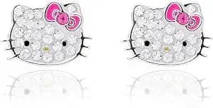 Sanrio Hello Kitty Womens Clear Crystal Stud Earrings - Silver Plated Hello - Kitty Earrings Officially Licensed